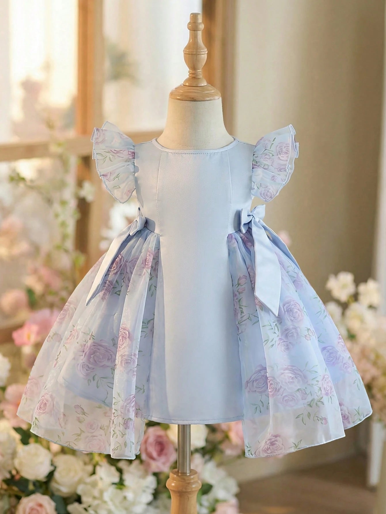 Prenda azul vestido para bebe con flores rosas vista frontal