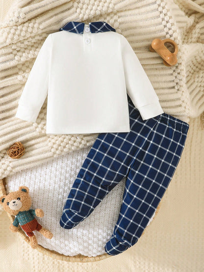 Prenda azul conjunto para bebe con camiseta manga larga y pantalón a cuadros vista trasera
