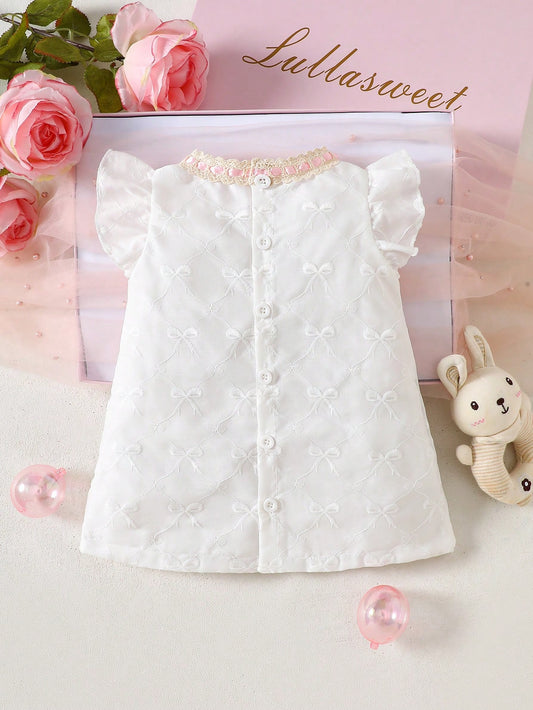 Prenda blanca vestido para bebe con encaje rosa y lazo vista trasera