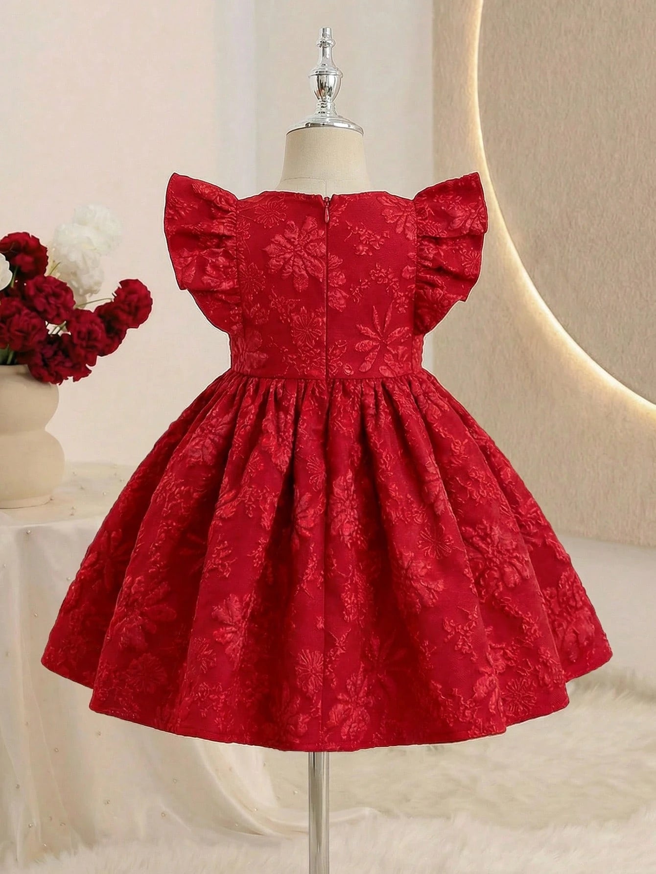 Prenda roja vestido para bebe con relieve floral vista trasera
