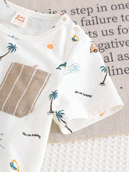 detalle del bolsillo decorativo y estampado tropical