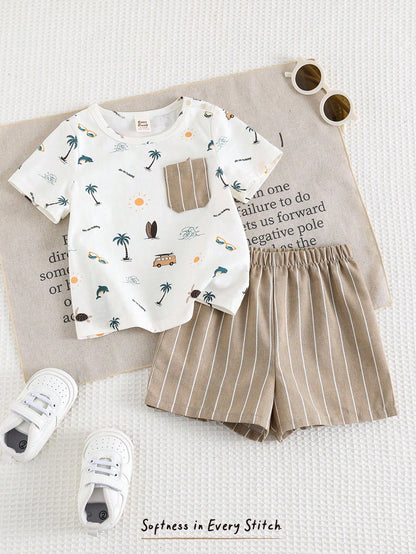 vista completa del conjunto con camiseta estampada y short a rayas