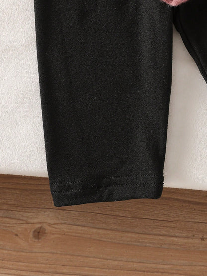 Conjunto de Suéter Tejido Con Lazos Rosa Y Pantalón Negro