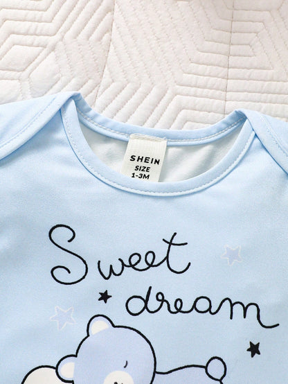 Prenda celeste body para bebe con estampado de oso dulce sueños detalle frontal