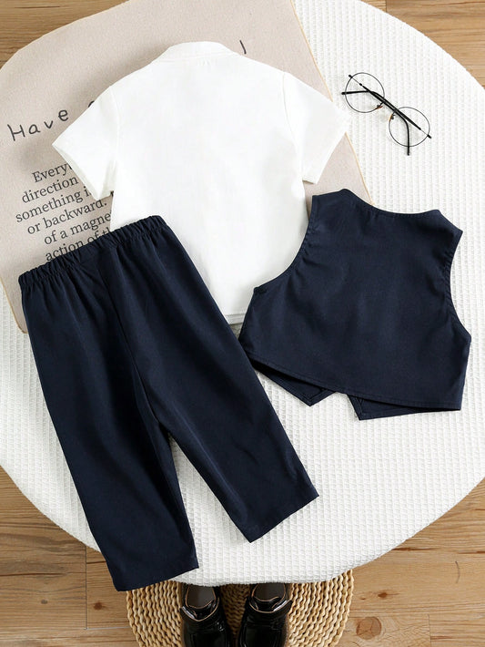 Conjunto azul marino elegante para bebé con camisa de manga corta, chaleco y pantalón, vista trasera