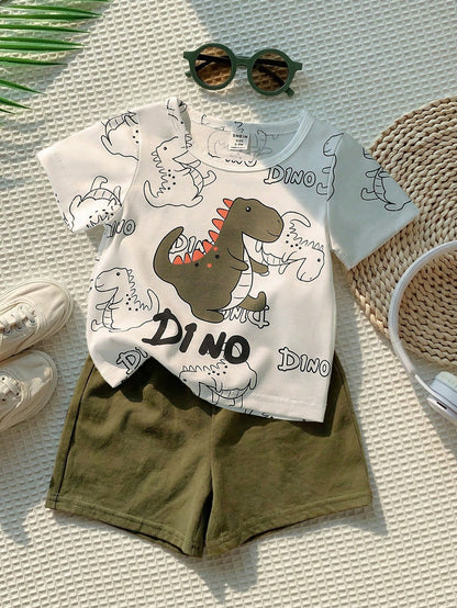 Prenda blanca conjunto para bebe con dinosaurio estampado y short verde vista frontal
