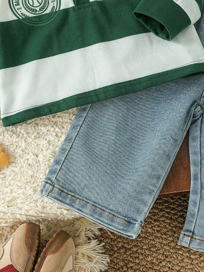 Prenda verde conjunto para bebe detalle de pantalón de mezclilla claro