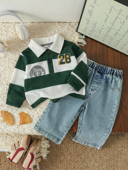 Prenda verde conjunto para bebe con polo rayado y jeans vista frontal
