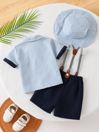 Prenda azul conjunto para bebe con tirantes a cuadros vista trasera
