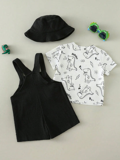 Prenda negra conjunto para bebe con dinosaurio y sombrero vista posterior