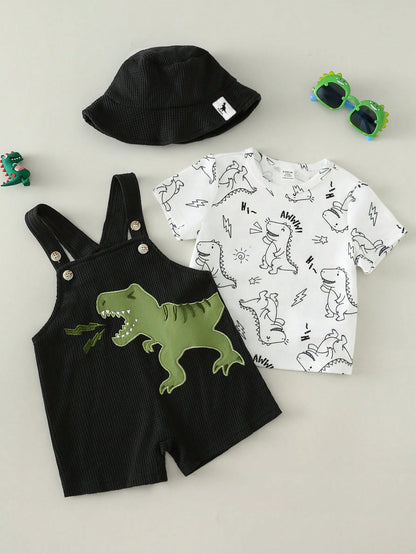Prenda negra conjunto para bebe con dinosaurio y sombrero vista frontal