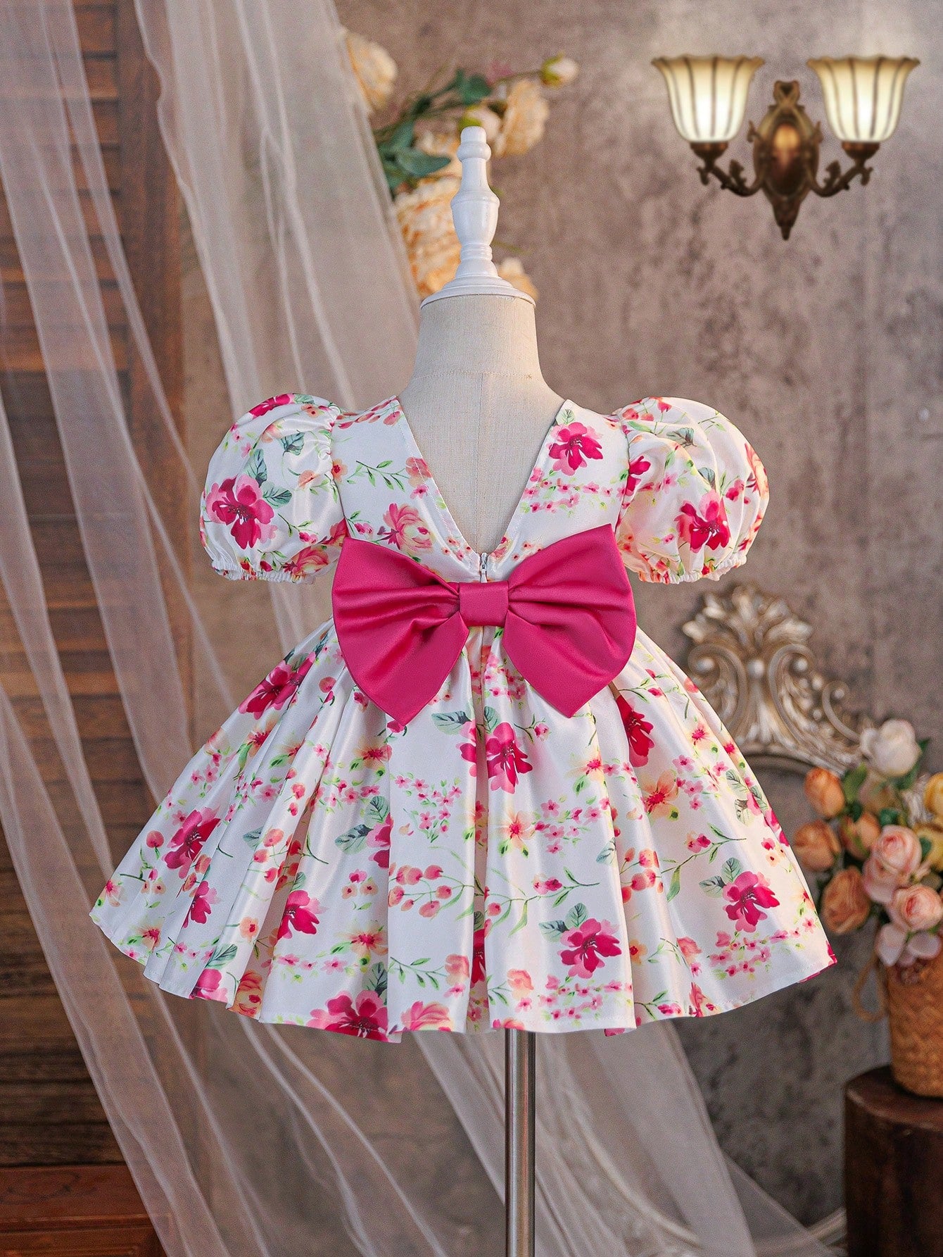 Prenda blanca vestido floral para bebe vista trasera con moño fucsia