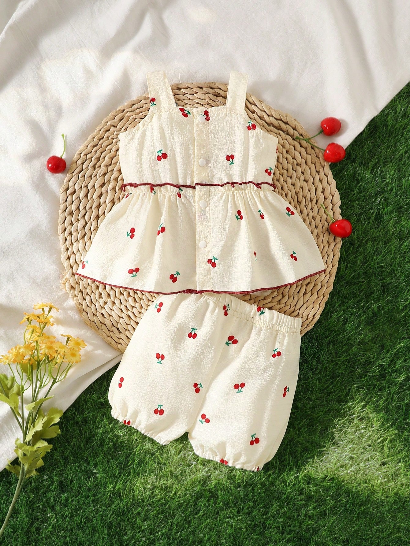 Prenda albaricoque conjunto para bebe vista trasera con top de tirantes y short estampado