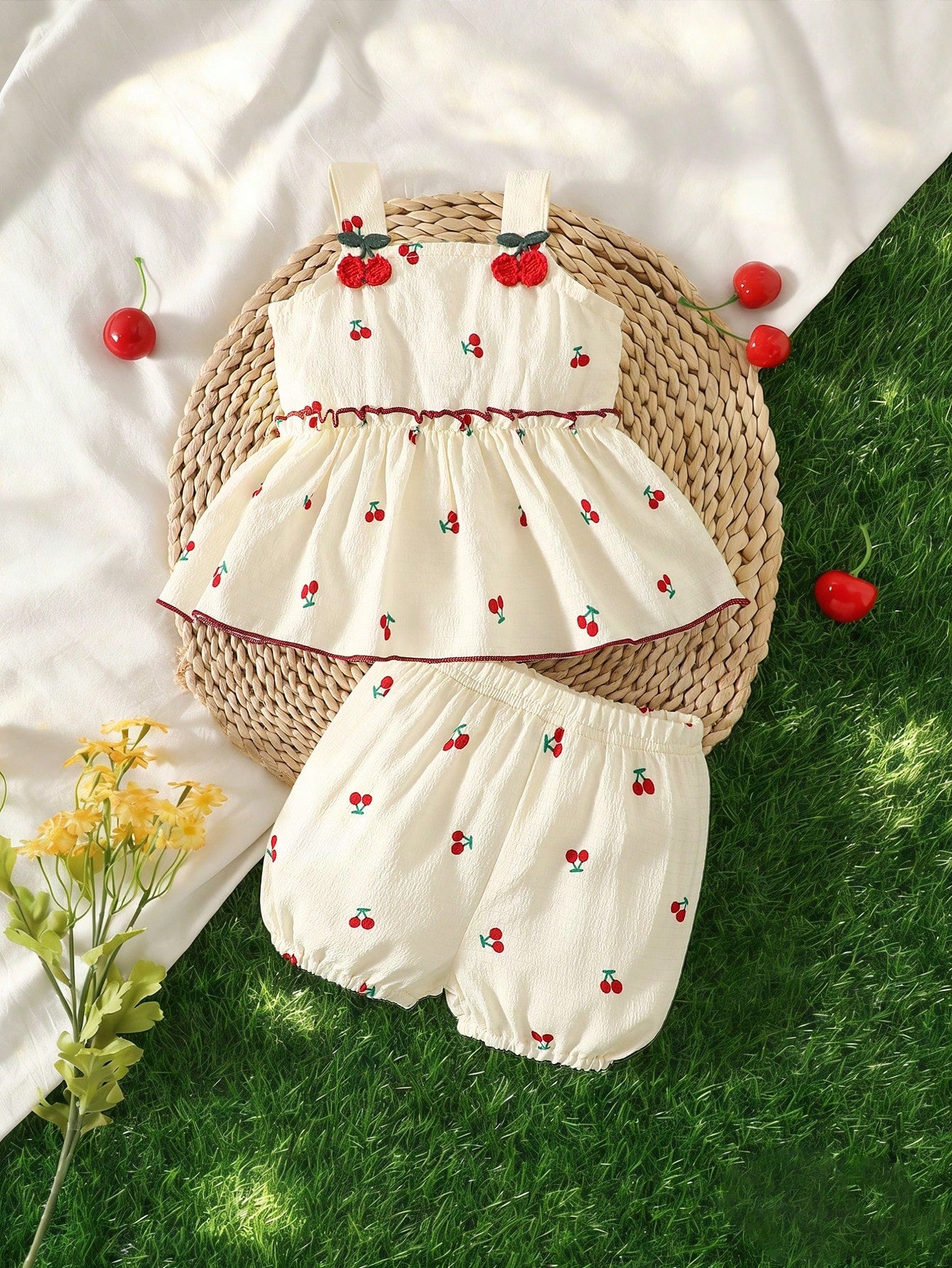 Prenda albaricoque conjunto para bebe vista frontal con cerezas bordadas y short corto