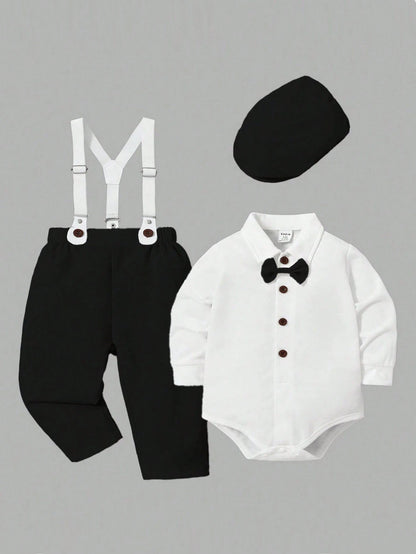 Prenda blanco negro conjunto para bebe formal con tirantes vista frontal
