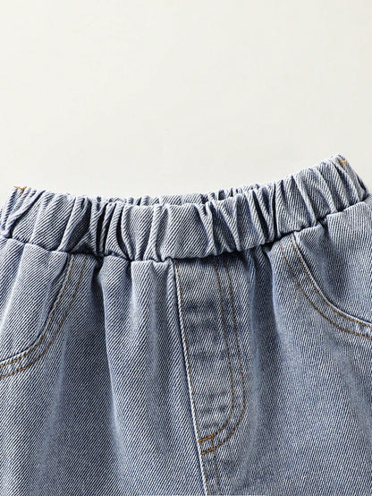 Prenda azul conjunto para bebe con detalle de short de mezclilla y cintura elástica