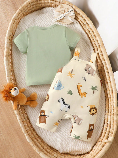 Prenda verde conjunto safari para bebe con overol animalitos vista trasera