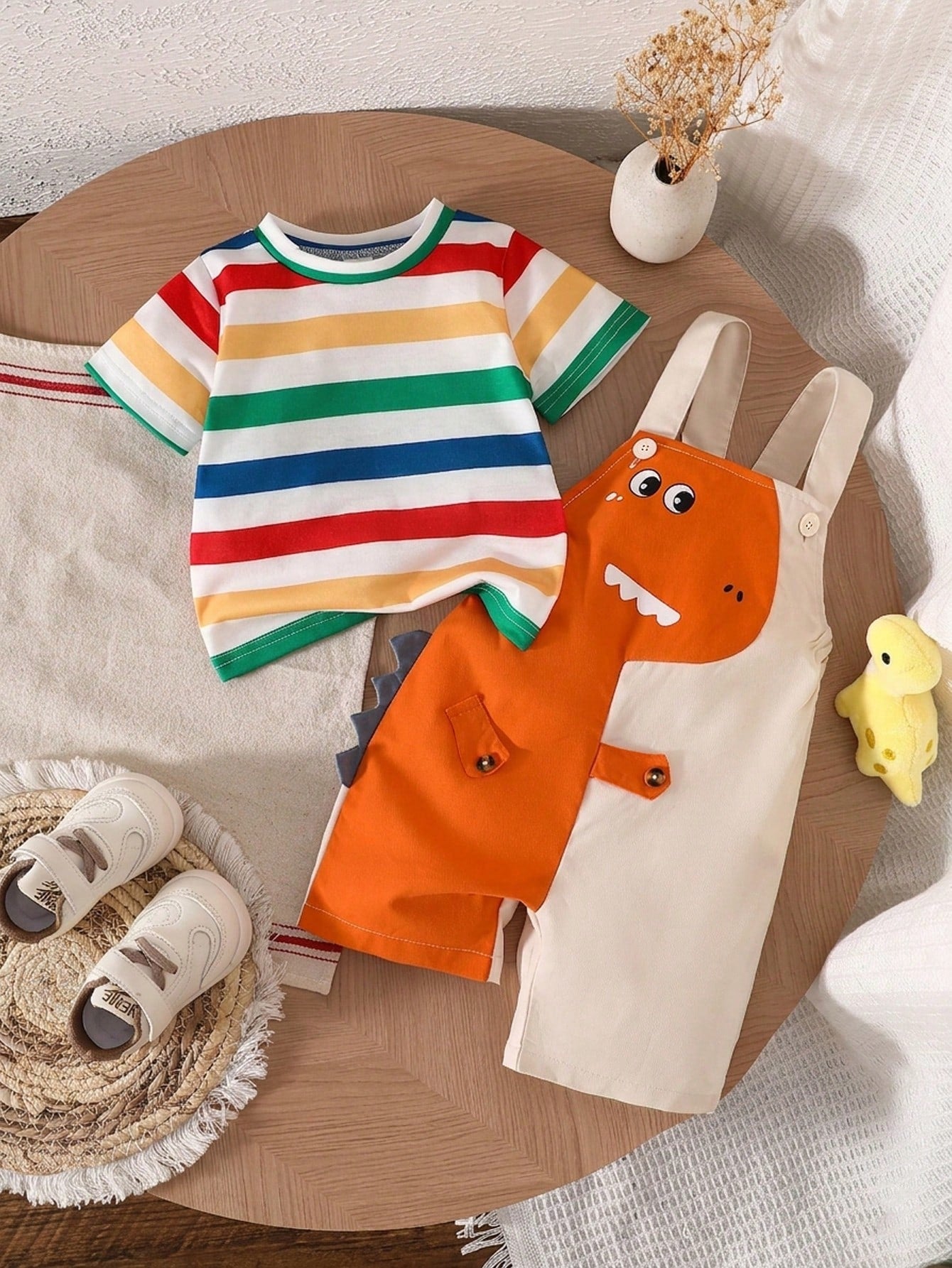 Prenda multicolor conjunto para bebe con camiseta a rayas y peto dinosaurio vista frontal