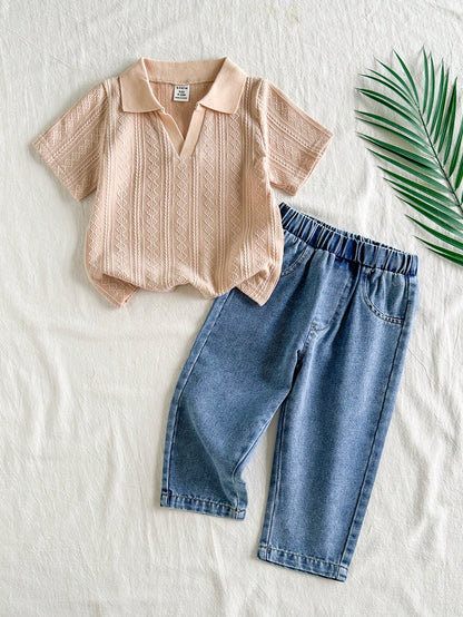 Prenda albaricoque conjunto para bebe con camisa polo y jean azul vista frontal
