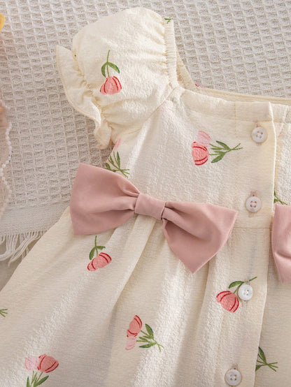Prenda crema vestido para bebe detalle de botones y lazo rosado
