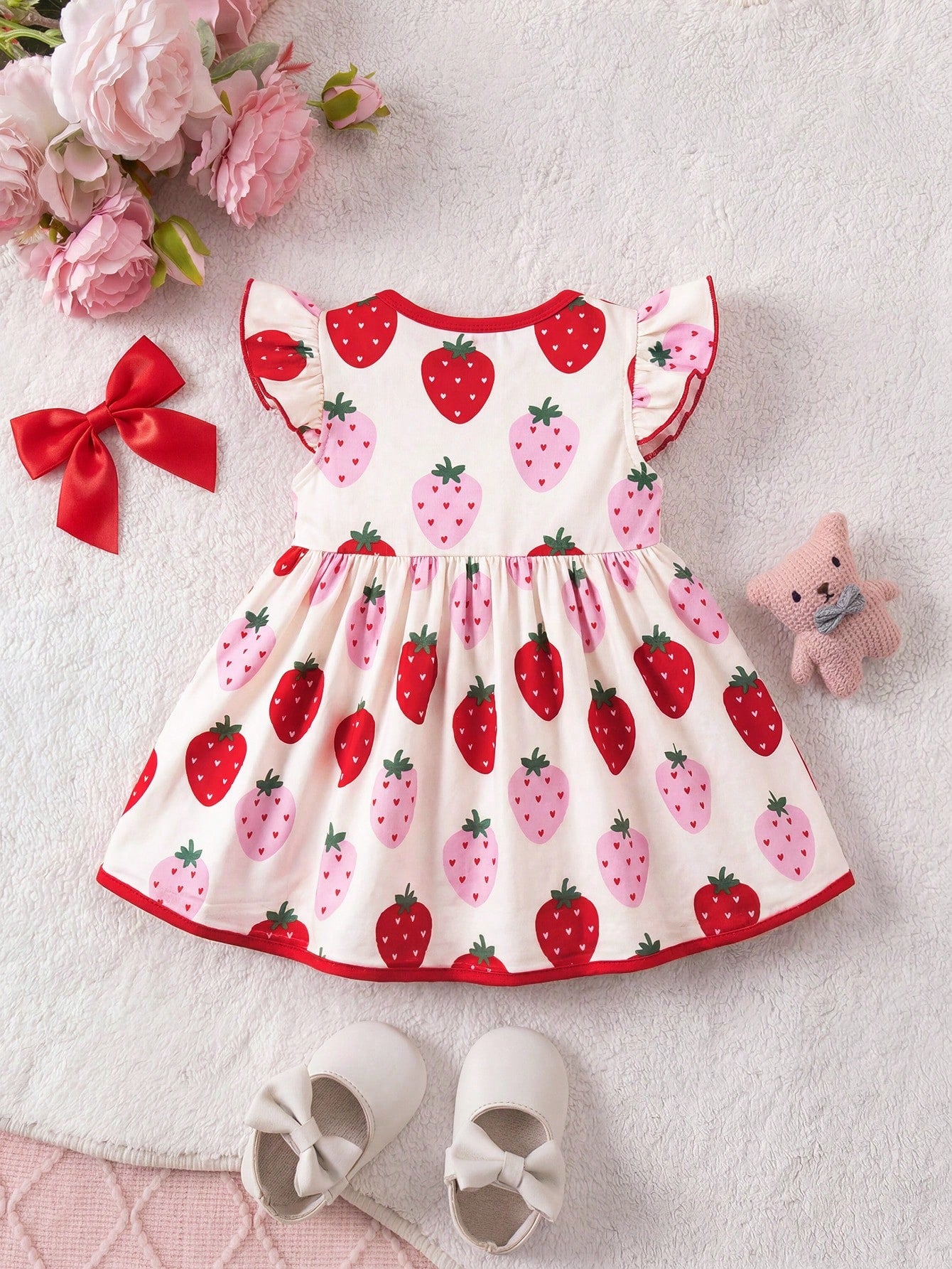Prenda rojo vestido para bebe con estampado de fresas vista trasera