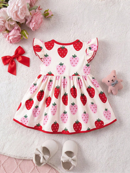 Prenda rojo vestido para bebe con estampado de fresas vista trasera
