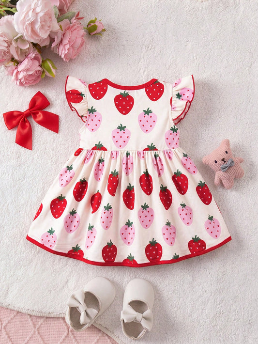 Prenda rojo vestido para bebe con estampado de fresas vista trasera