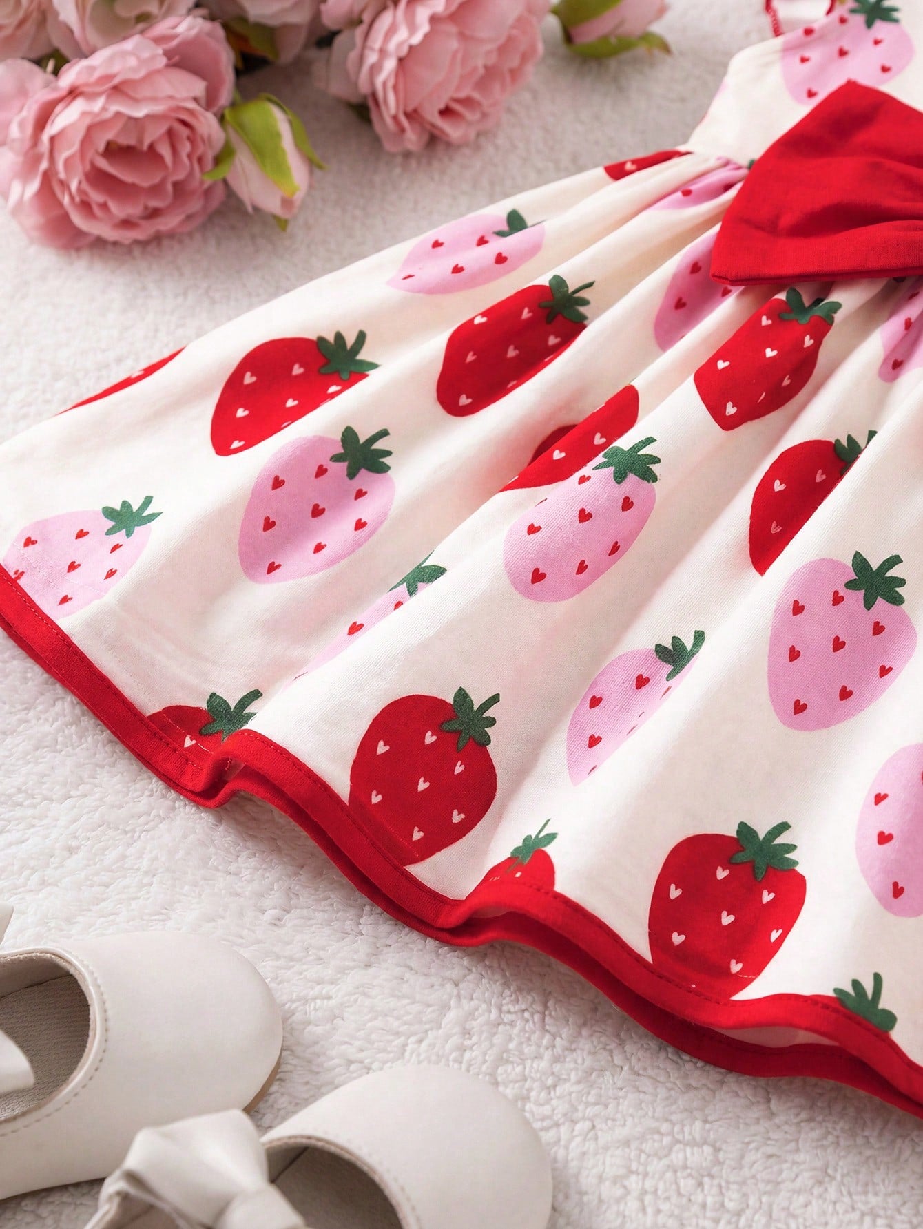 Prenda rojo vestido para bebe con dobladillo y estampado de fresas detalle del acabado
