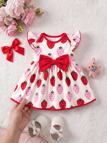 Prenda rojo vestido para bebe con estampado de fresas vista frontal