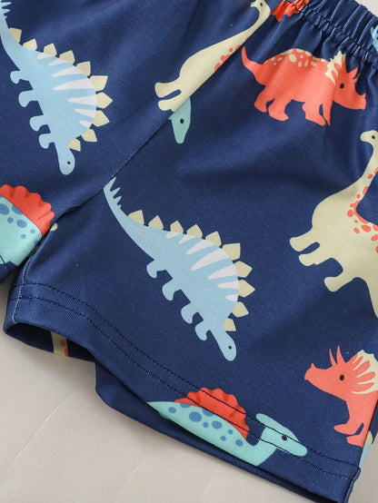 Prenda azul conjunto para bebe detalle de shorts con estampado de dinosaurios
