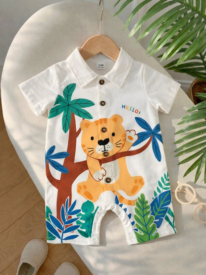 Prenda beige pelele para bebe con estampado de tigre vista frontal