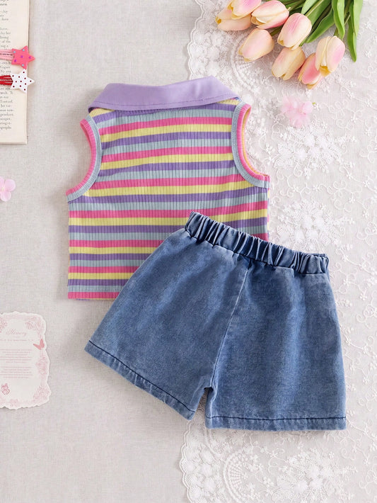 Prenda multicolor tipo conjunto para bebe con top a rayas y falda pantalón vista trasera