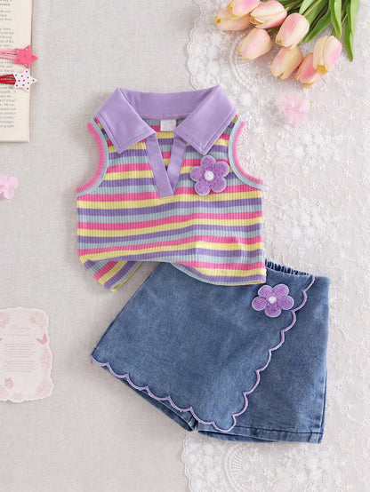 Prenda multicolor tipo conjunto para bebe con top a rayas y falda pantalón vista frontal