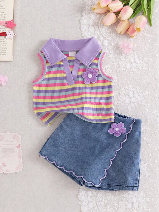 Prenda multicolor tipo conjunto para bebe con top a rayas y falda pantalón vista frontal