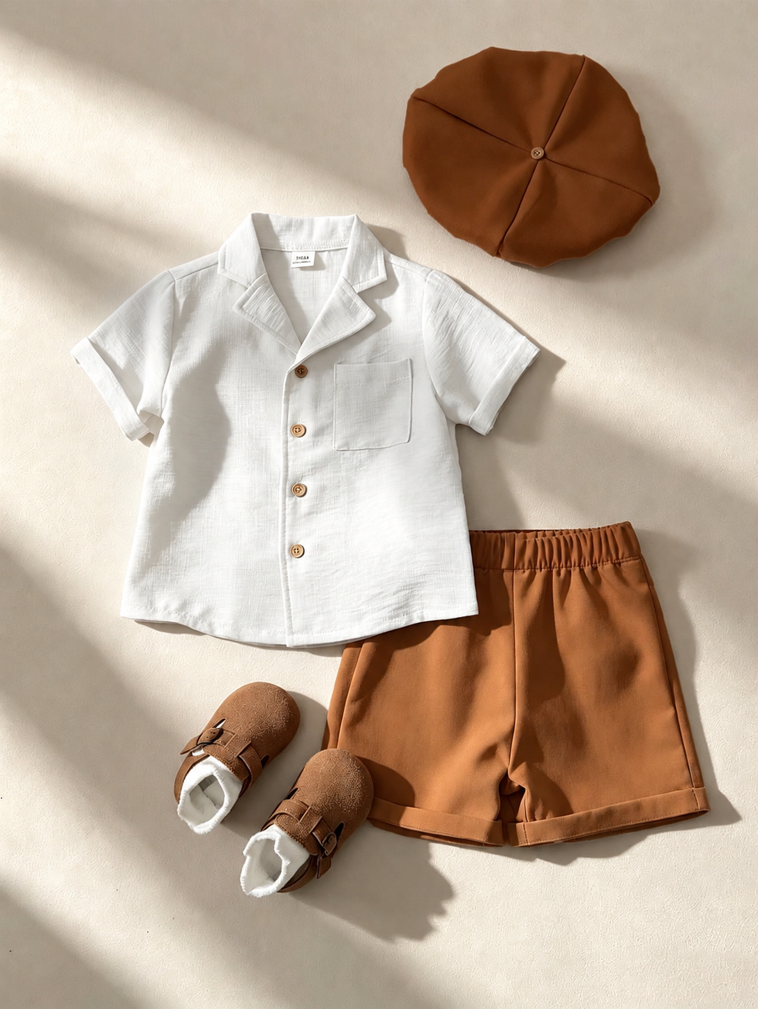 Prenda blanca conjunto para bebe con pantalón marrón y boina clásica vista frontal