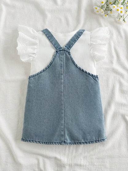 Prenda azul conjunto para bebe con vestido de mezclilla vista trasera