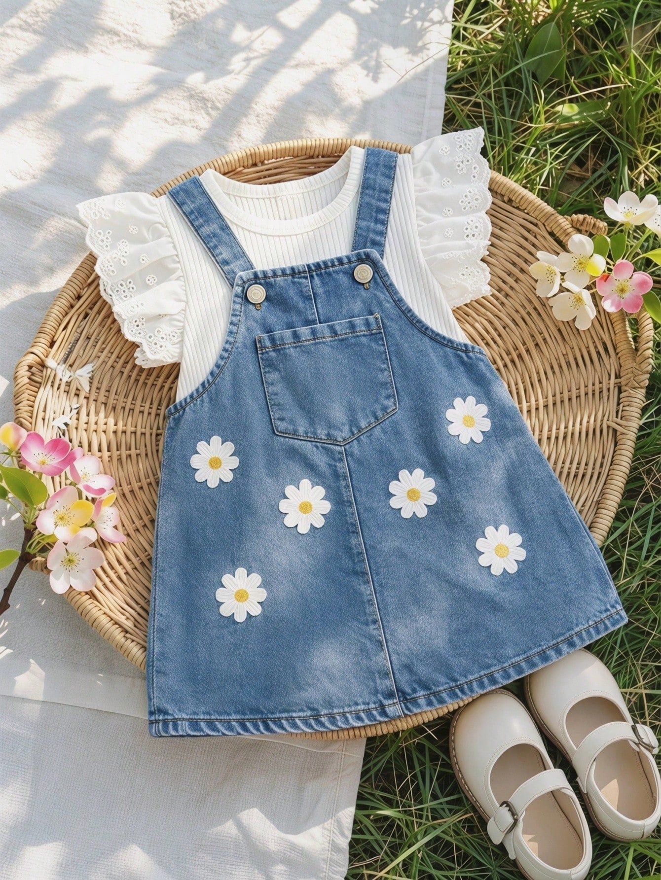 Prenda azul conjunto para bebe con vestido de mezclilla y margaritas vista frontal