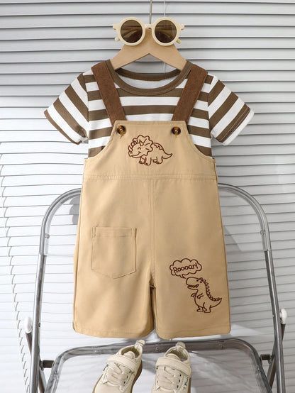 Prenda beige conjunto con overol para bebe y dinosaurios vista frontal