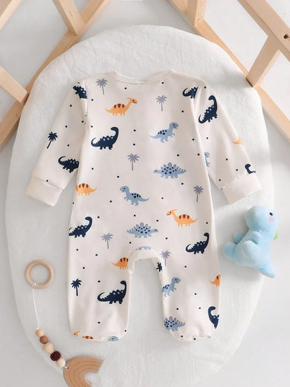 Prenda crema pelele para bebe con estampado de dinosaurios vista posterior

