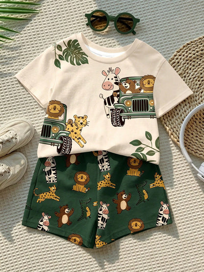 Prenda beige y verde conjunto para bebe con estampado safari vista frontal