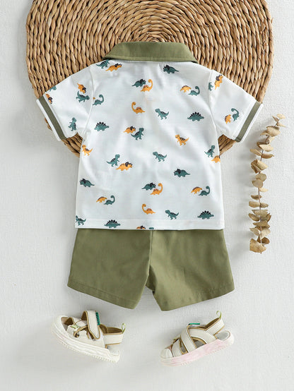 Prenda verde militar conjunto para bebe con polo de dinosaurios vista trasera