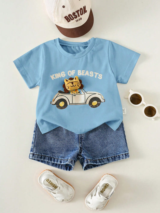 Prenda azul conjunto para bebe con león 3D y short de mezclilla vista frontal