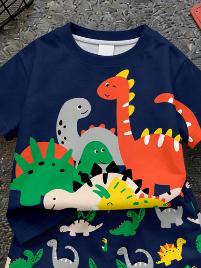 Prenda azul marino conjunto para bebe, detalle del estampado de dinosaurios en la camiseta