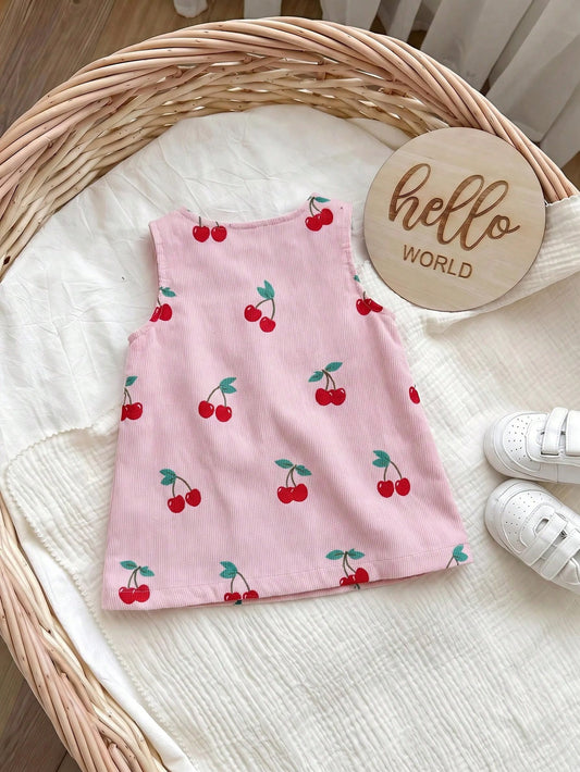 Prenda rosa vestido para bebe con estampado de cerezas vista posterior