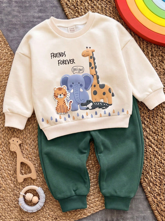 Conjunto crema y verde para bebe con sudadera de animales de safari y pantalón largo, vista frontal.