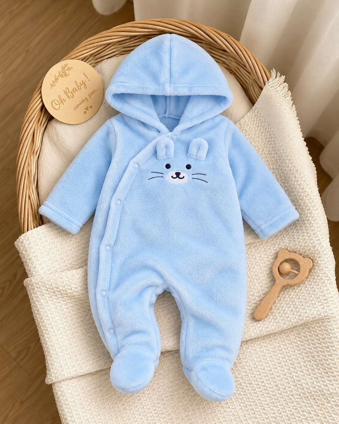 Prenda celeste pelele de felpa para bebe con capucha y orejitas vista frontal