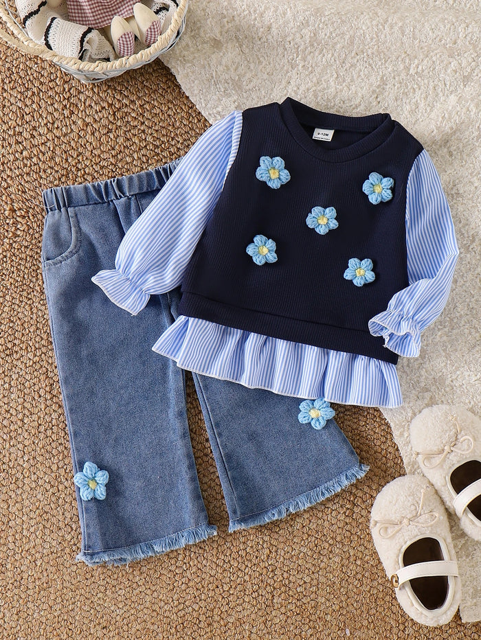 Conjunto Azul Marino Con Flores Y Jean Acampanado