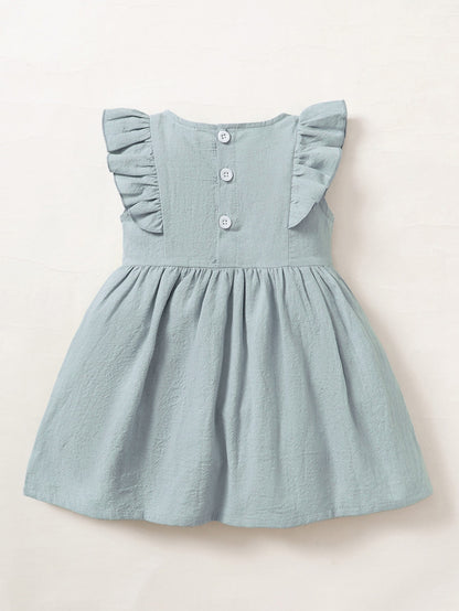 Vestido Neblina azul con volantes y bordado