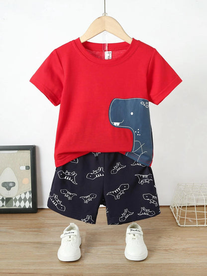 Conjunto Rojo de Camiseta Dinosaurio y Shorts para Niño