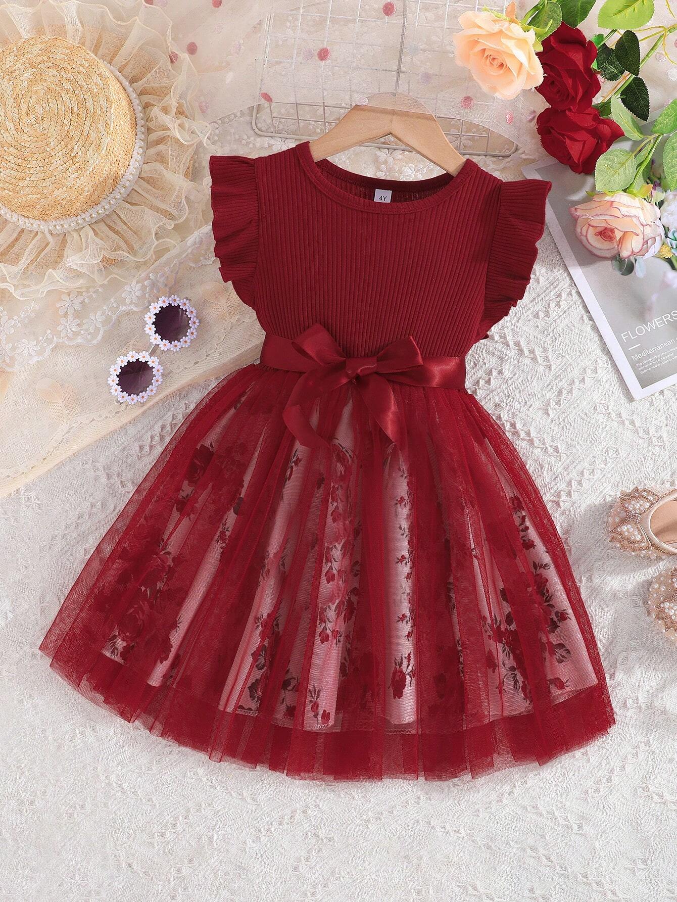 Prenda roja vestido para bebe vista frontal con tul floral
